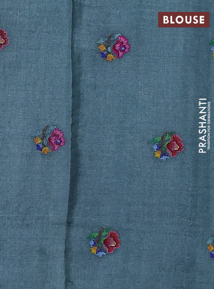 Pure tussar silk saree pastel green and peacock green with allover zari woven buttas and floral embroidery butta border