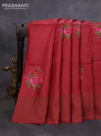 Pure tussar silk saree maroon with floral embroidery buttas and zari woven checked border