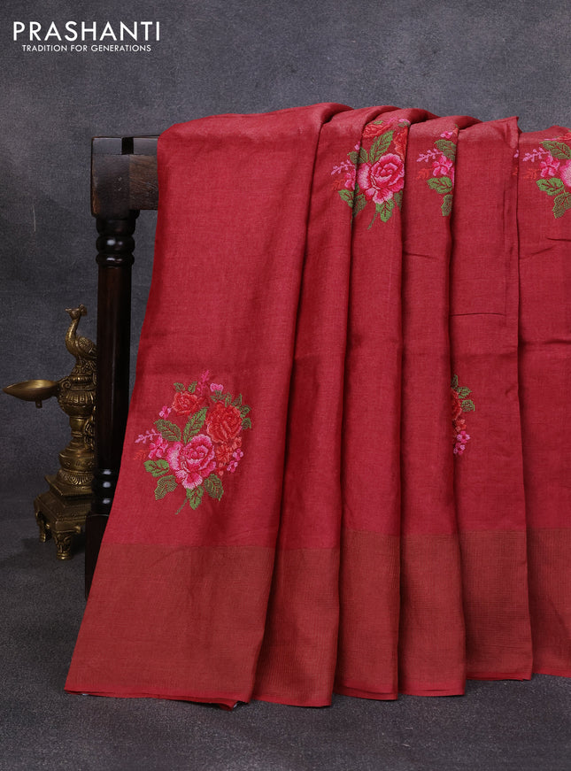 Pure tussar silk saree maroon with floral embroidery buttas and zari woven checked border