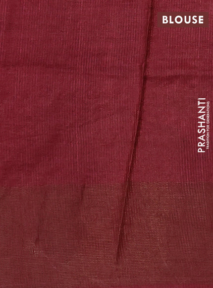 Pure tussar silk saree maroon with floral embroidery buttas and zari woven checked border