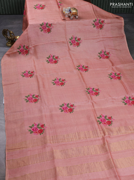 Pure tussar silk saree pastel peach with floral embroidery buttas and zari woven checked border