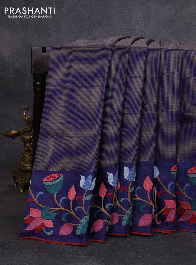 Pure tussar silk saree navy blue and maroon with allover small zari checked pattern and pichwai embroidery border