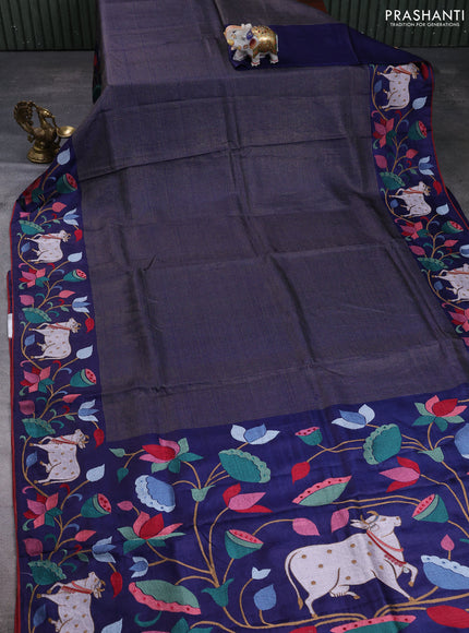 Pure tussar silk saree navy blue and maroon with allover small zari checked pattern and pichwai embroidery border
