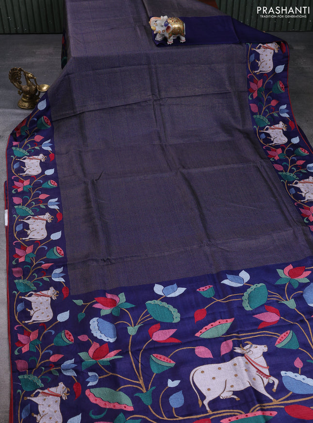 Pure tussar silk saree navy blue and maroon with allover small zari checked pattern and pichwai embroidery border