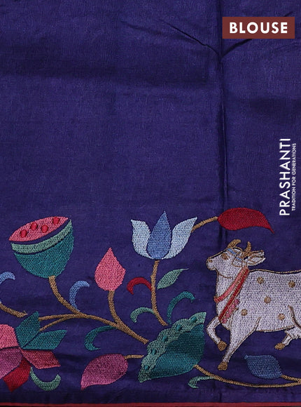 Pure tussar silk saree navy blue and maroon with allover small zari checked pattern and pichwai embroidery border