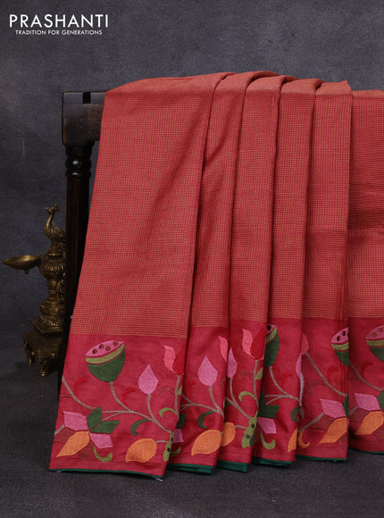 Pure tussar silk saree maroon and green with allover small zari checked pattern and pichwai embroidery border