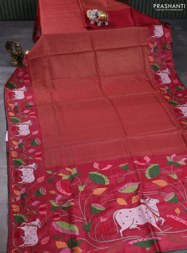 Pure tussar silk saree maroon and green with allover small zari checked pattern and pichwai embroidery border