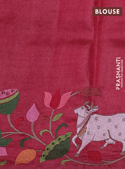 Pure tussar silk saree maroon and green with allover small zari checked pattern and pichwai embroidery border