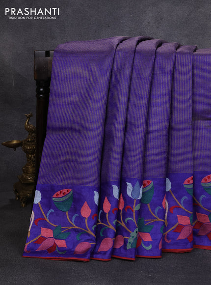 Pure tussar silk saree blue with allover small zari checked pattern and pichwai embroidery border