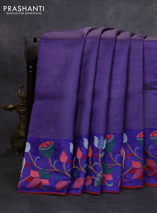 Pure tussar silk saree blue with allover small zari checked pattern and pichwai embroidery border