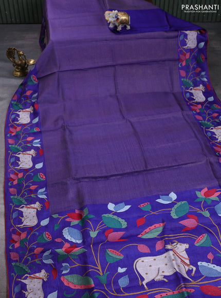 Pure tussar silk saree blue with allover small zari checked pattern and pichwai embroidery border