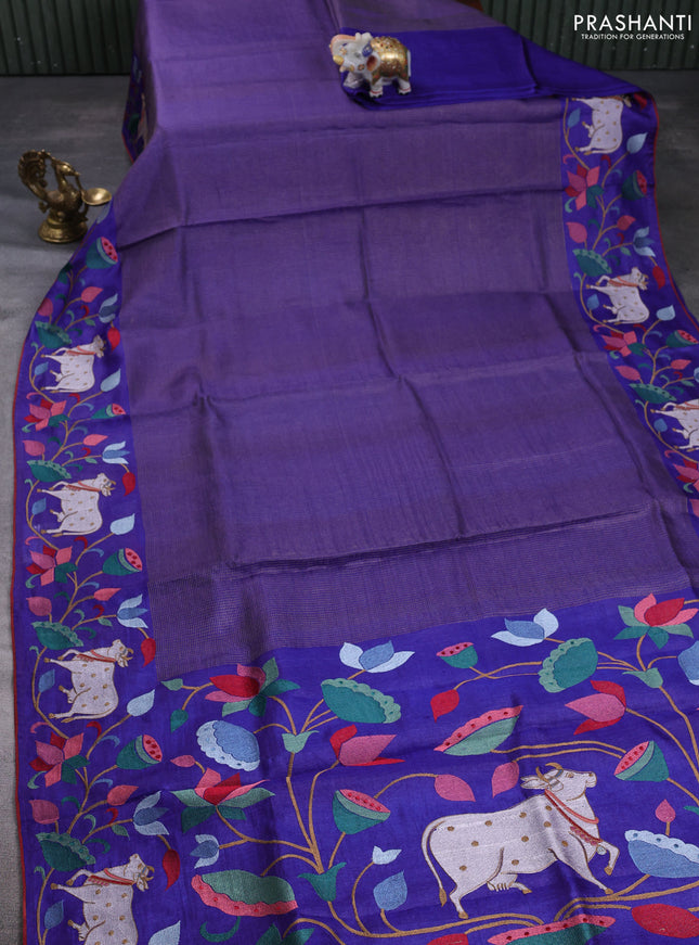 Pure tussar silk saree blue with allover small zari checked pattern and pichwai embroidery border