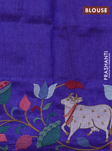 Pure tussar silk saree blue with allover small zari checked pattern and pichwai embroidery border