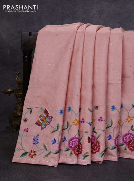 Pure tussar silk saree pastel peach with mirror embroidery buttas and convent embroidery pallu & border