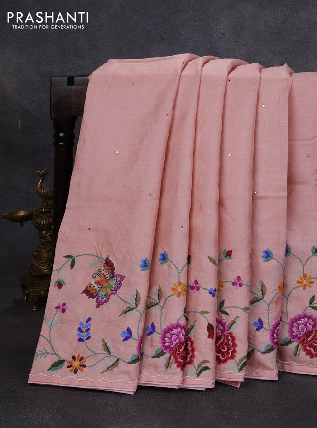 Pure tussar silk saree pastel peach with mirror embroidery buttas and convent embroidery pallu & border