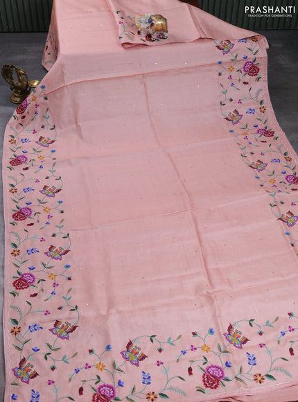 Pure tussar silk saree pastel peach with mirror embroidery buttas and convent embroidery pallu & border
