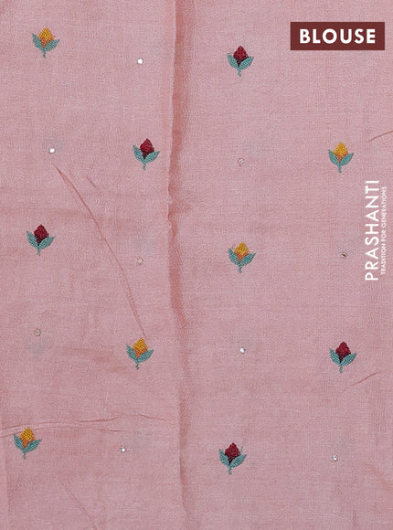 Pure tussar silk saree pastel peach with mirror embroidery buttas and convent embroidery pallu & border
