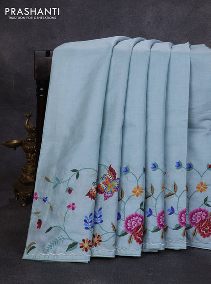 Pure tussar silk saree pastel blue with plain body and convent embroidery pallu & border