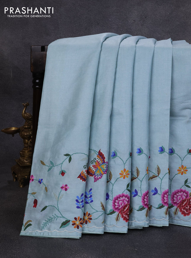 Pure tussar silk saree pastel blue with plain body and convent embroidery pallu & border