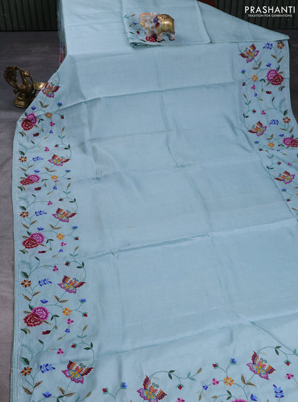 Pure tussar silk saree pastel blue with plain body and convent embroidery pallu & border