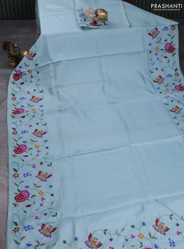 Pure tussar silk saree pastel blue with plain body and convent embroidery pallu & border