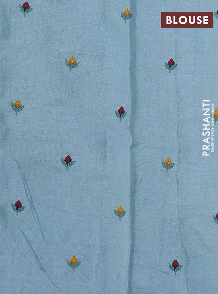 Pure tussar silk saree pastel blue with plain body and convent embroidery pallu & border