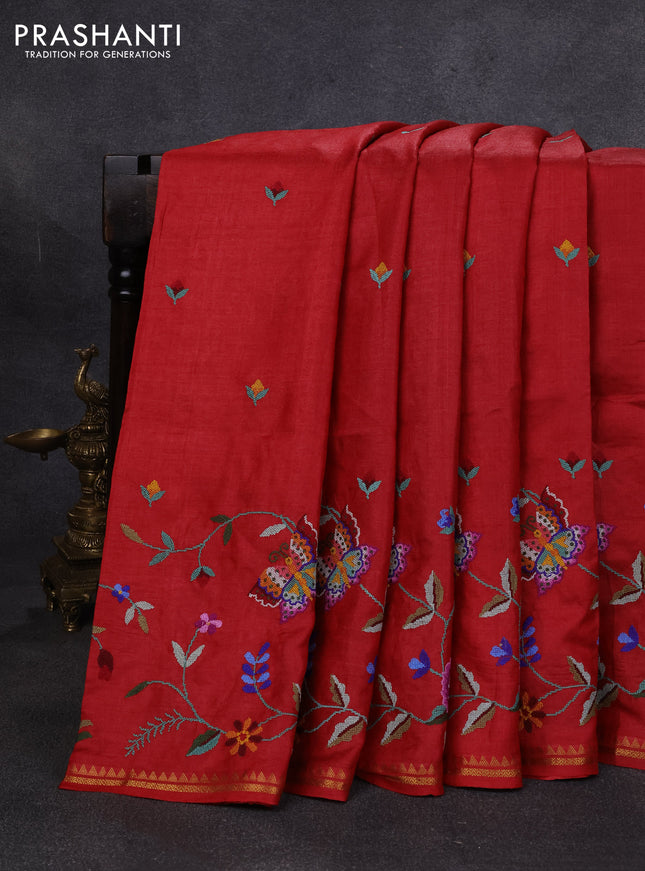 Pure tussar silk saree kumkum red with embroidery buttas and embroidery work pallu