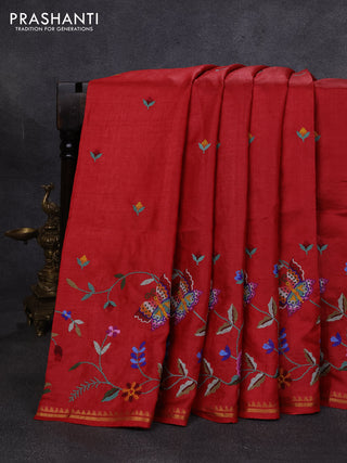 Pure tussar silk saree kumkum red with embroidery buttas and embroidery work pallu