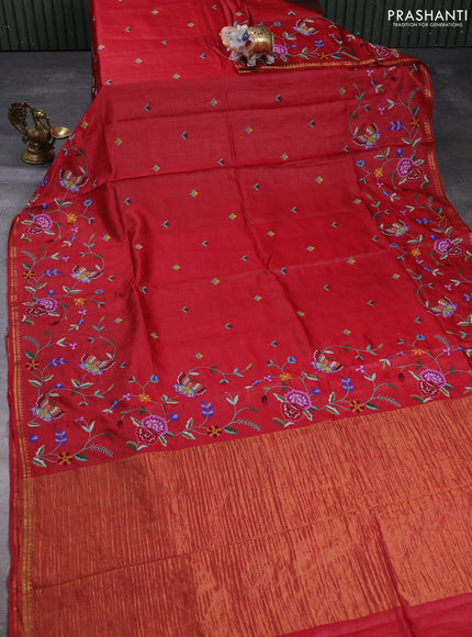 Pure tussar silk saree kumkum red with embroidery buttas and embroidery work pallu