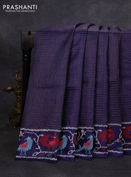 Pure tussar silk saree blue with allover small checks & buttas and ikat embroidery border