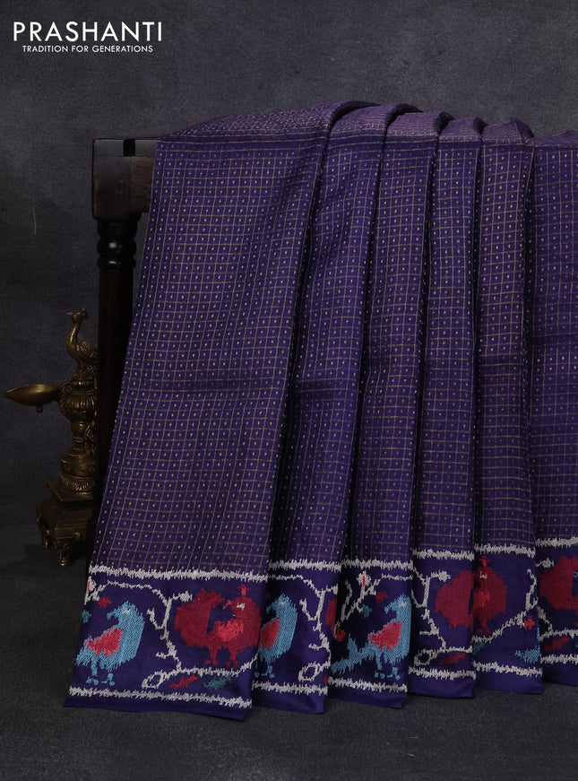 Pure tussar silk saree blue with allover small checks & buttas and ikat embroidery border