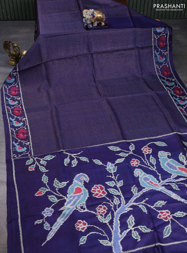 Pure tussar silk saree blue with allover small checks & buttas and ikat embroidery border