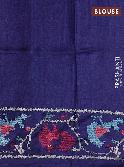 Pure tussar silk saree blue with allover small checks & buttas and ikat embroidery border