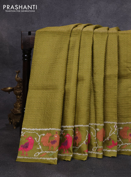Pure tussar silk saree mehendi green with allover small checks & buttas and ikat embroidery border