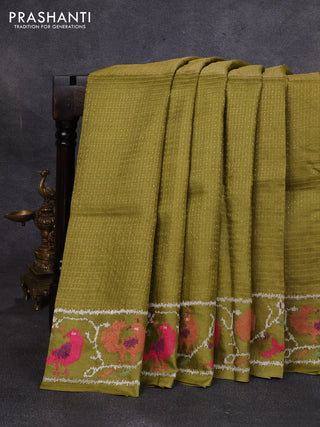 Pure tussar silk saree mehendi green with allover small checks & buttas and ikat embroidery border