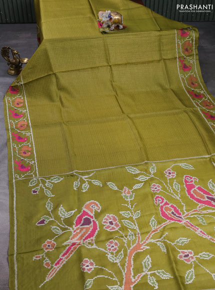 Pure tussar silk saree mehendi green with allover small checks & buttas and ikat embroidery border
