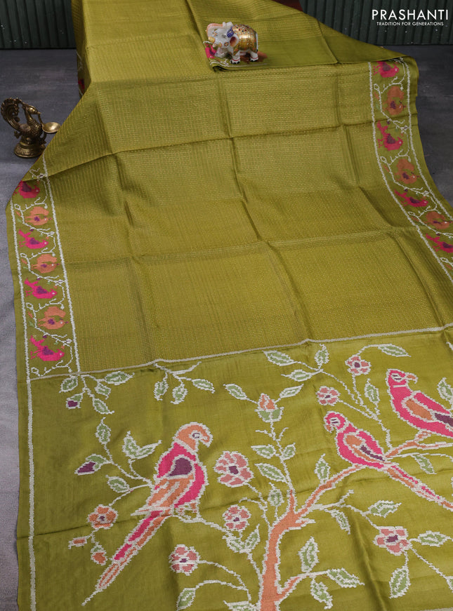 Pure tussar silk saree mehendi green with allover small checks & buttas and ikat embroidery border