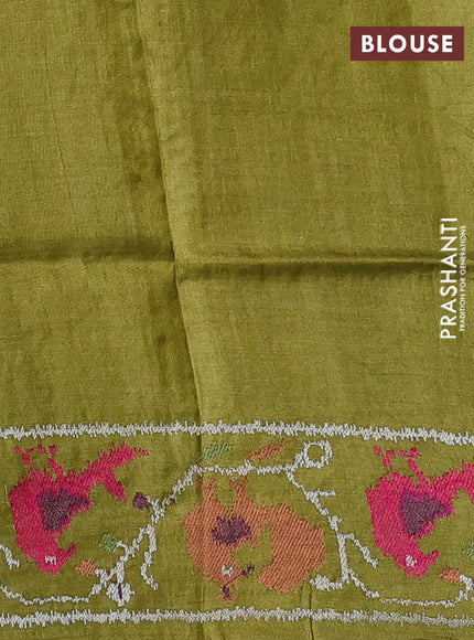 Pure tussar silk saree mehendi green with allover small checks & buttas and ikat embroidery border