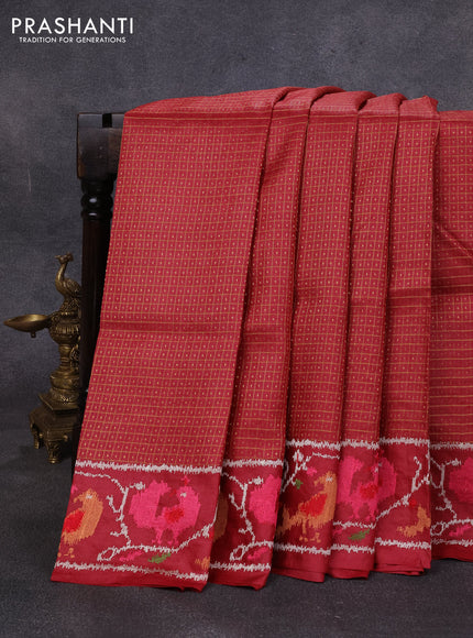 Pure tussar silk saree maroon with allover small checks & buttas and ikat embroidery border