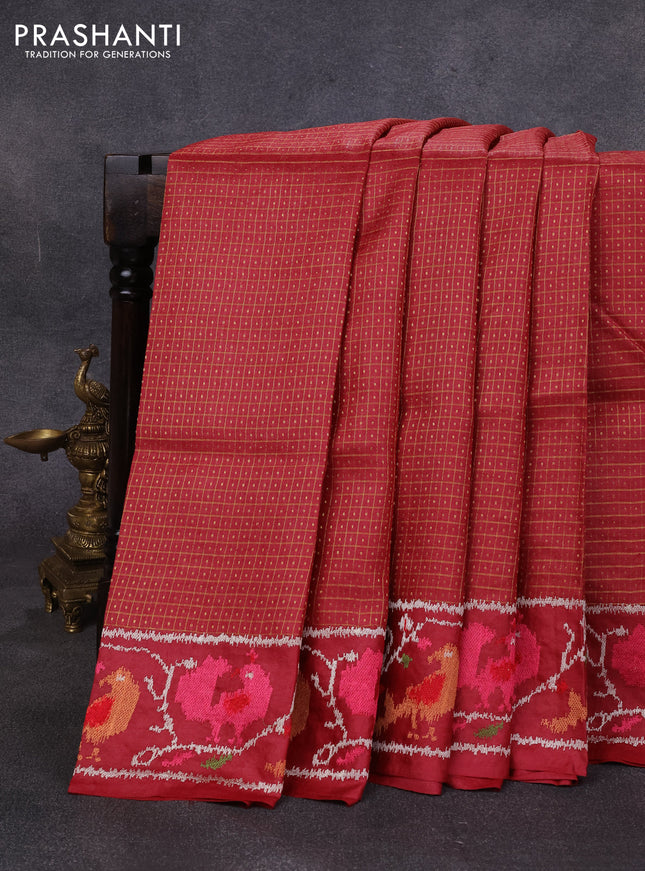 Pure tussar silk saree maroon with allover small checks & buttas and ikat embroidery border
