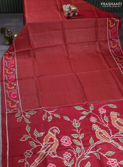 Pure tussar silk saree maroon with allover small checks & buttas and ikat embroidery border