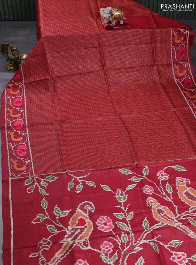 Pure tussar silk saree maroon with allover small checks & buttas and ikat embroidery border