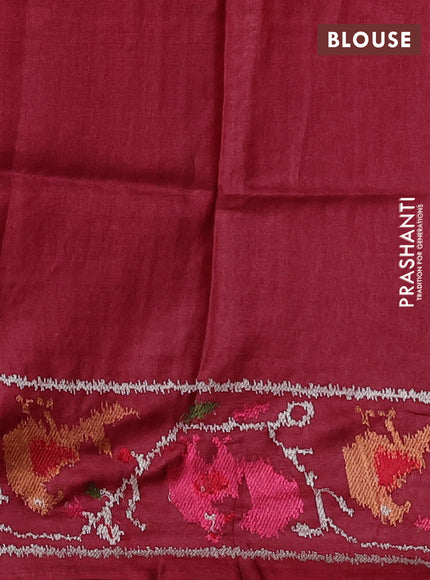 Pure tussar silk saree maroon with allover small checks & buttas and ikat embroidery border