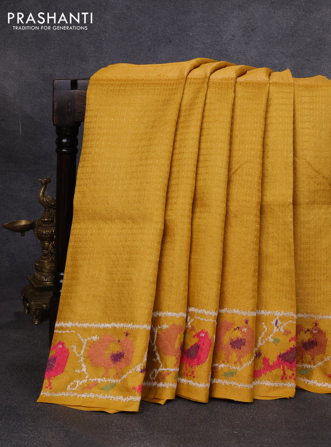 Pure tussar silk saree mustard yellow with allover small checks & buttas and ikat embroidery border