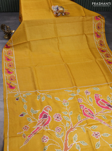 Pure tussar silk saree mustard yellow with allover small checks & buttas and ikat embroidery border