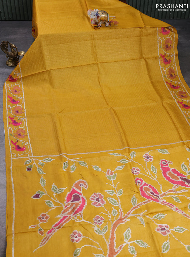 Pure tussar silk saree mustard yellow with allover small checks & buttas and ikat embroidery border