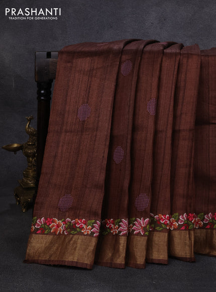 Pure tussar silk saree brown with embroidery buttas and floral embroidery zari border