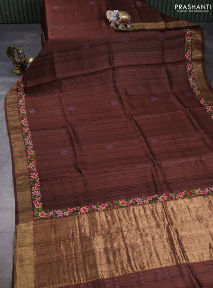 Pure tussar silk saree brown with embroidery buttas and floral embroidery zari border