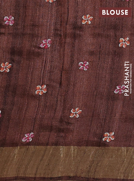 Pure tussar silk saree brown with embroidery buttas and floral embroidery zari border