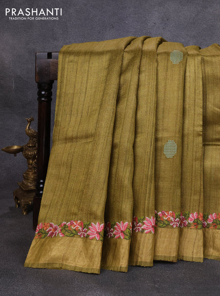 Pure tussar silk saree mehendi green with embroidery buttas and floral embroidery zari border